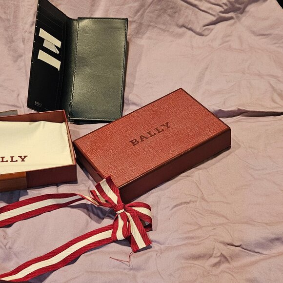 Bally Bifold Long Wallet With Coin Purse B Logo Leather Genuine Black Men Women
